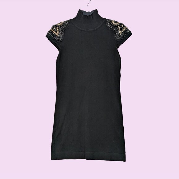 Forever 21 Women Black Turtleneck Embellished Short Sleeve Tunic Dress Size L - Picture 1 of 9
